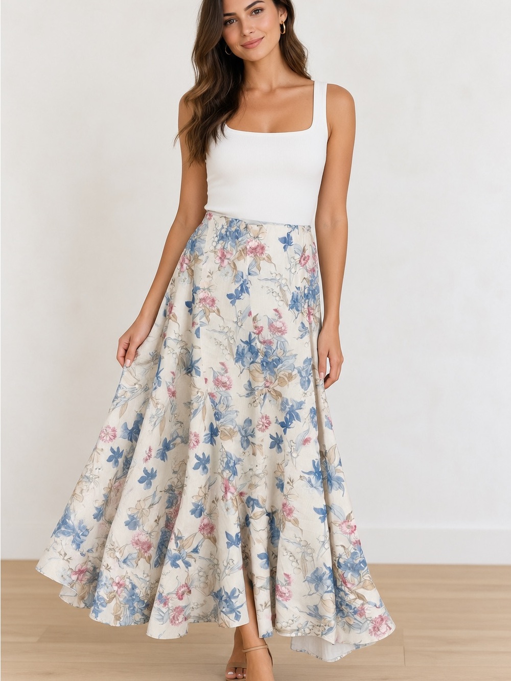 Tuckernuck Cosmo Floral Mallory Skirt in Cream with Blue & Pink- NWT